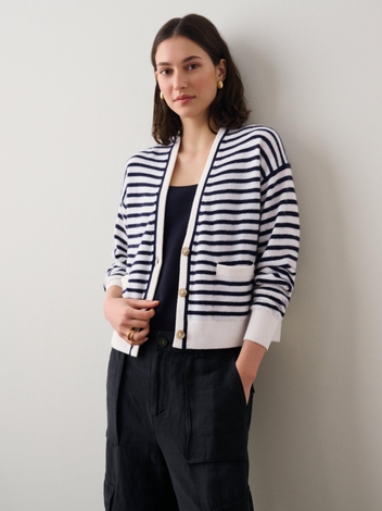 Cashmere Striped Pocket Cardigan Soft White/Deep Navy