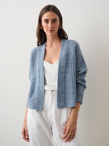 Cashmere Air Spun Ribbed Open Cardigan Blue Marl
