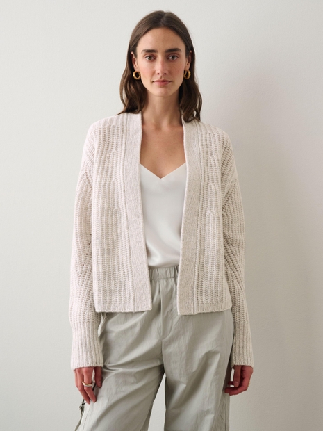 Cashmere Air Spun Ribbed Open Cardigan White Marl