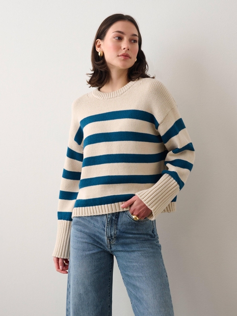 Cotton Striped Ribbed Crewneck Tunic Natural/Gem Blue
