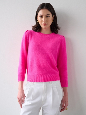 Cashmere Puff Sleeve Crewneck Electric Fuschia