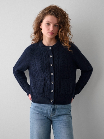 Cashmere Luxe Cable Crewneck Cardigan Deep Navy