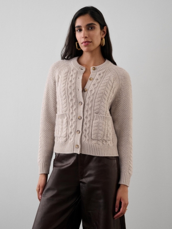 Cashmere Luxe Cable Crewneck Cardigan Sand Wisp Heather