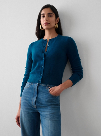 Essential Cashmere Crewneck Cardigan Deep Jade