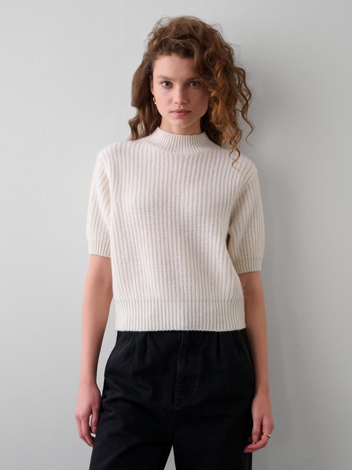 Cashmere Ribbed Elbow Sleeve Mockneck Soft White