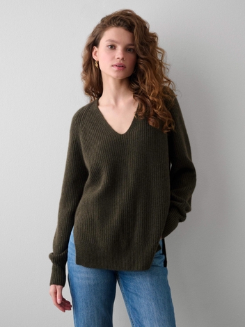 Cashmere Ribbed Blouson Sleeve V Neck Thyme Heather