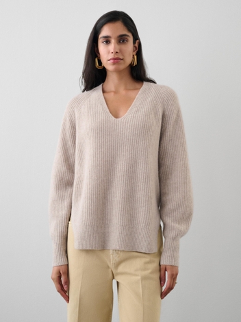 Cashmere Ribbed Blouson Sleeve V Neck Sand Wisp Heather