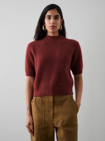 Cashmere Ribbed Elbow Sleeve Mockneck Russet Heather