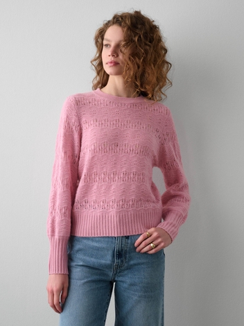 Cashmere Lace Stitch Crewneck Carnation Heather