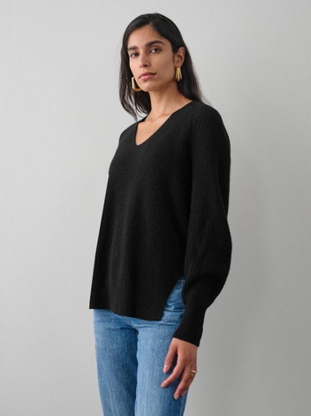 Cashmere Ribbed Blouson Sleeve V Neck Black