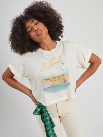 La Ponche Cropped Off White Boyfriend Tee