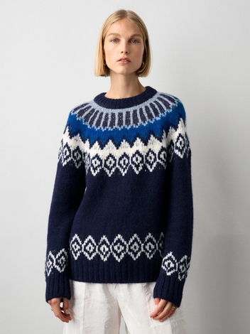 Plush Alpaca Blend Fair Isle Crewneck Dark Blue Combo