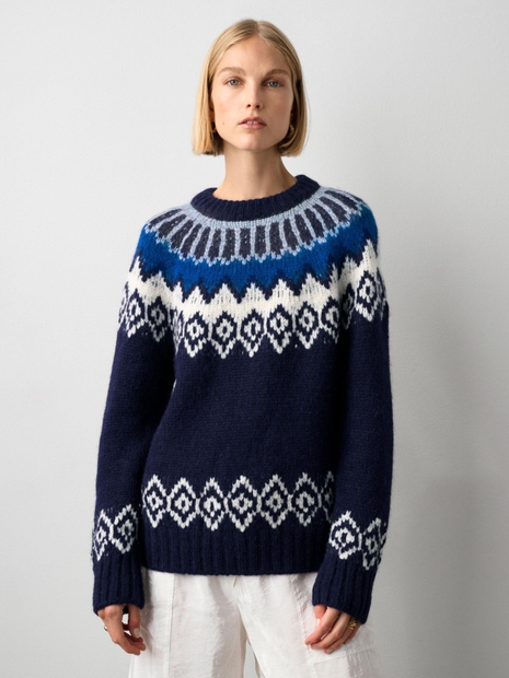 Plush Alpaca Blend Fair Isle Crewneck Dark Blue Combo