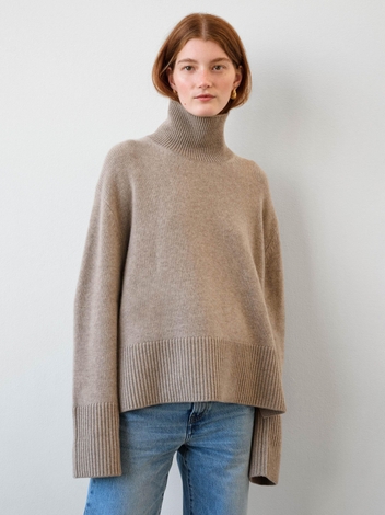 Merino Cashmere Ribbed Trim Standneck Fawn Heather