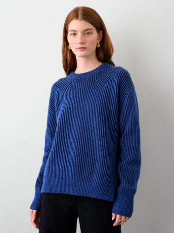 Cashmere Two Toned Ribbed Crewneck Navy Combo