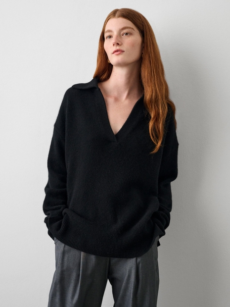 Cashmere Ribbed Polo Sweater Black