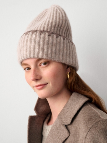 Cashmere Crochet Trim Beanie Sandwisp/Brown