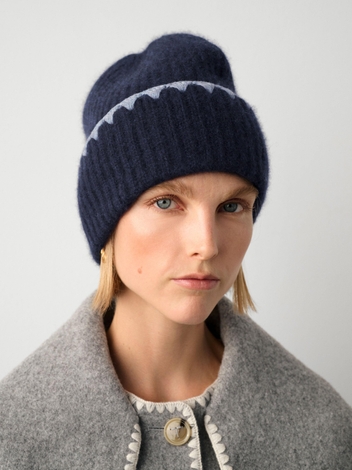 Cashmere Crochet Trim Beanie Navy/Bluestone Heather