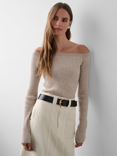 Cashmere Ribbed Off The Shoulder Top Sand Wisp Heather