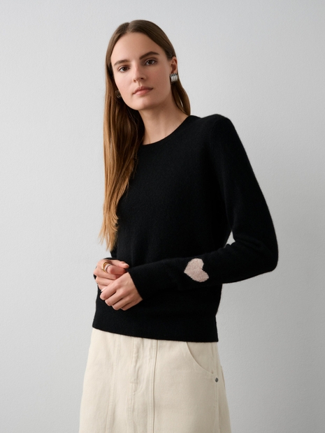 Cashmere Heart Sleeve Crewneck Black/Sandwisp Heather