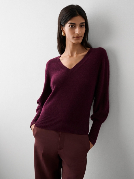 Cashmere Blouson Sleeve V Neck Deep Beet