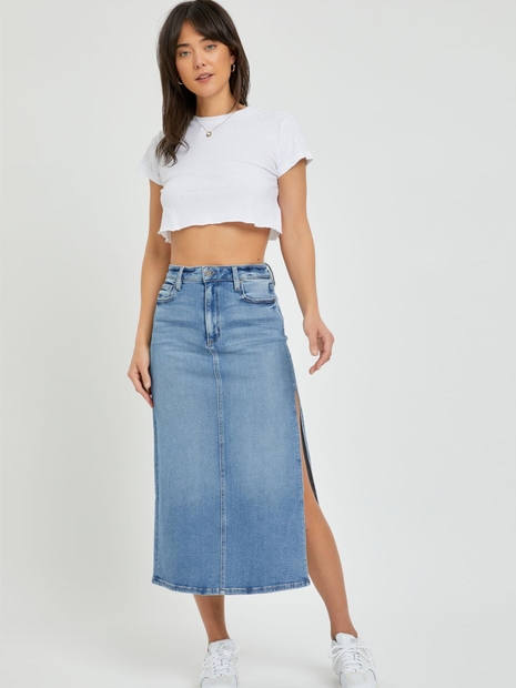 Medium Light Side Slit Stretch Midi Skirt